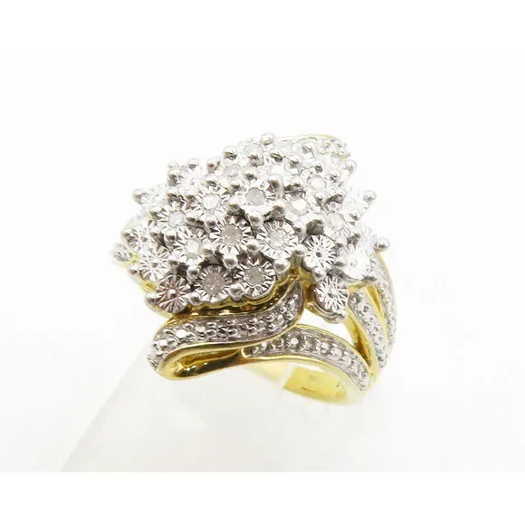 925 Silver Genuine Diamonds Cluster Two Tone Cocktail Ring Sz 7 RG13385